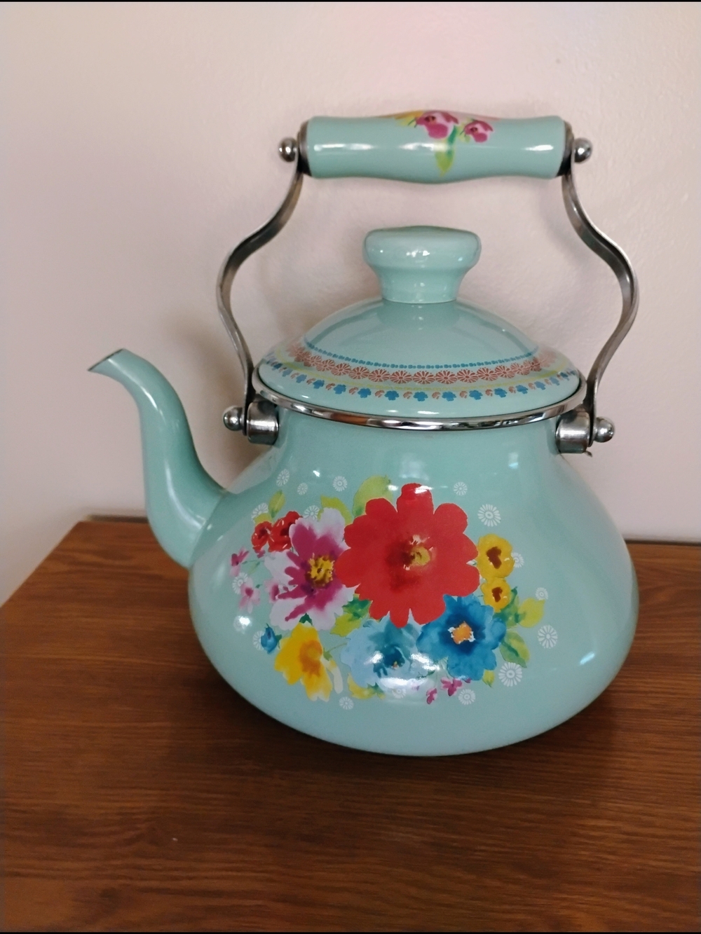 The Pioneer Woman Aqua Floral Enamel Teapot with Multicolor Flowers